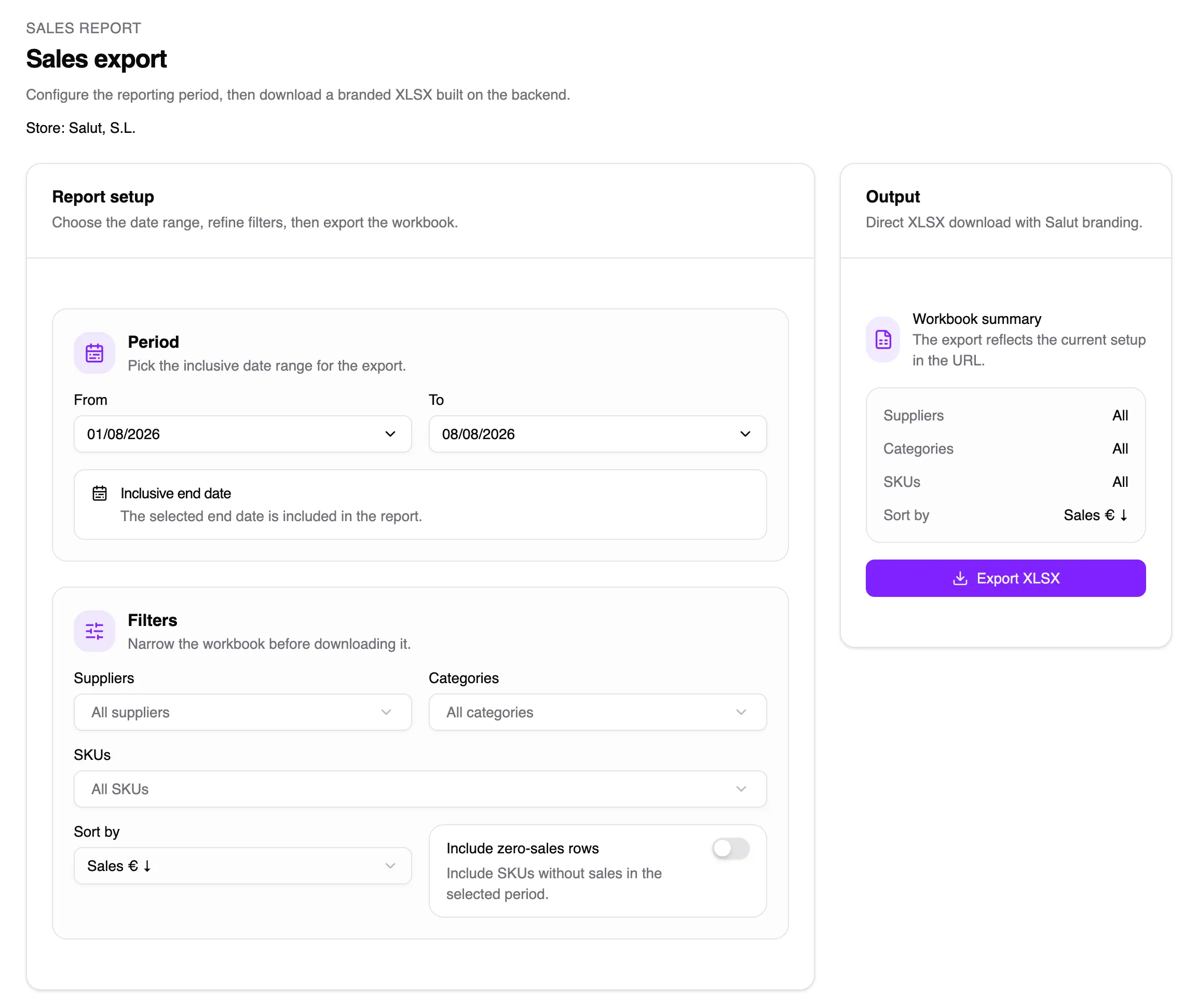 Sales export configuration