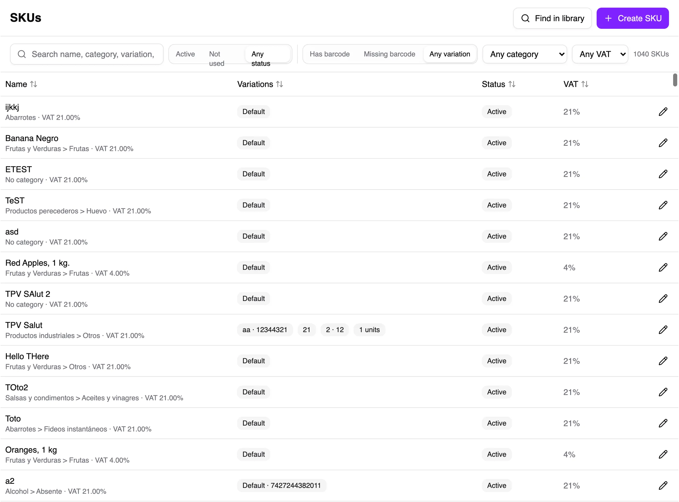 SKU list with search and filters