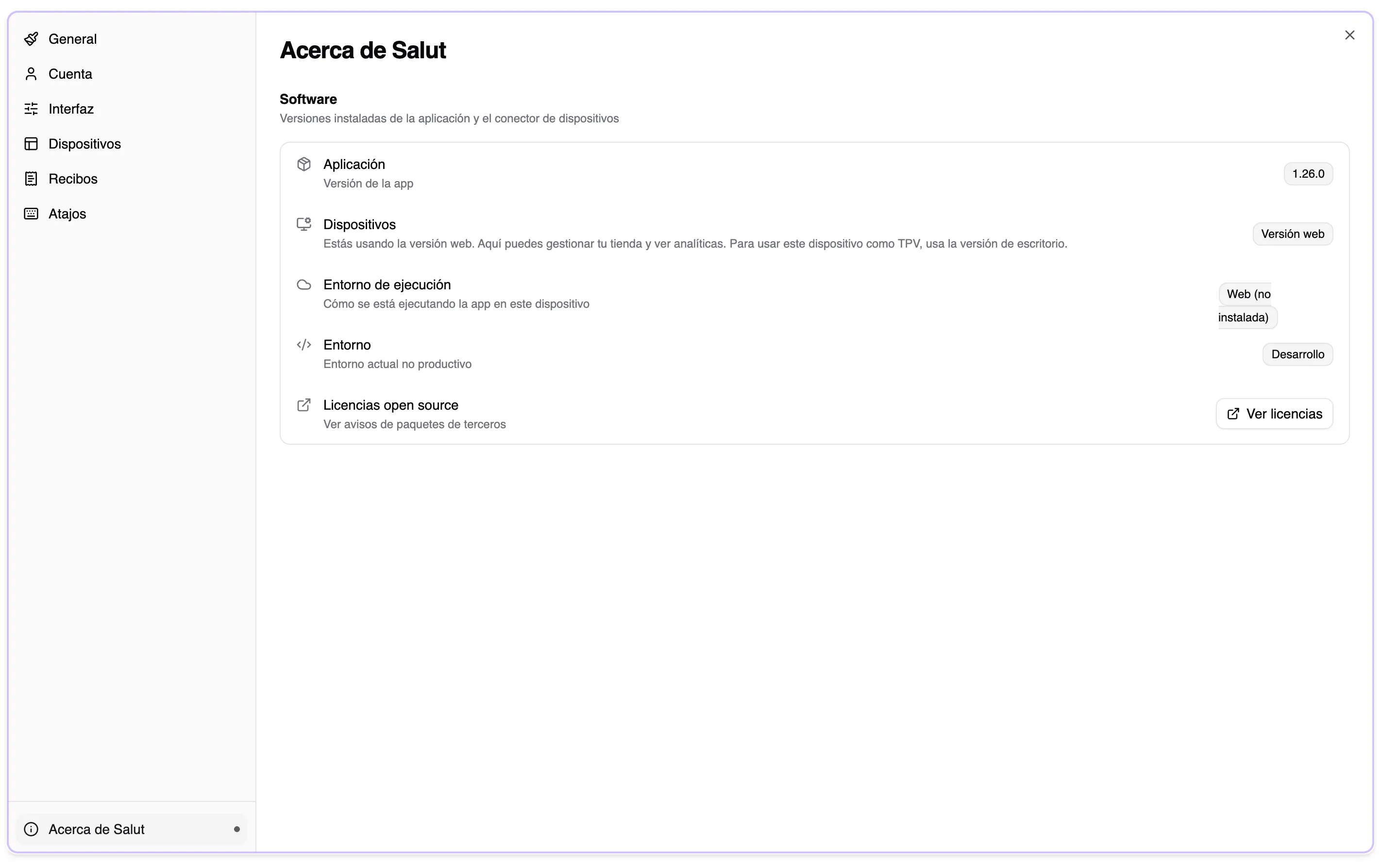 Información de versión y ayuda de Salut ERP
