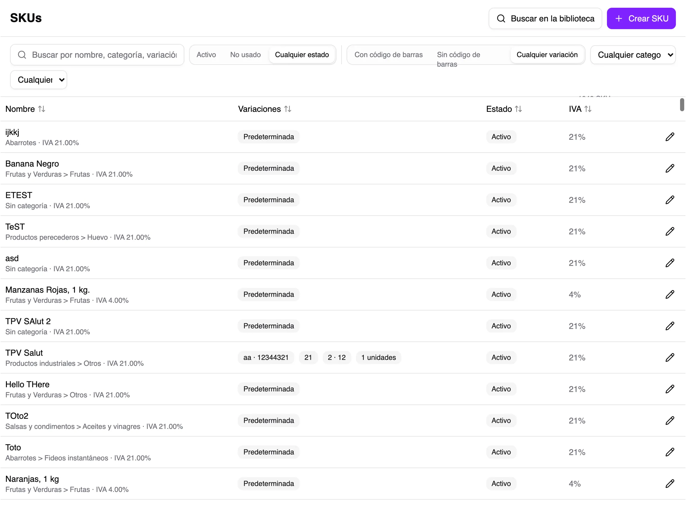 Listado de SKU con búsqueda y filtros